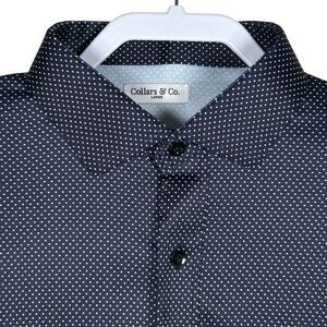Collars & Co Polo Shirt Mens Large Blue Polka Dot Micro Quattro Dress Collar NEW